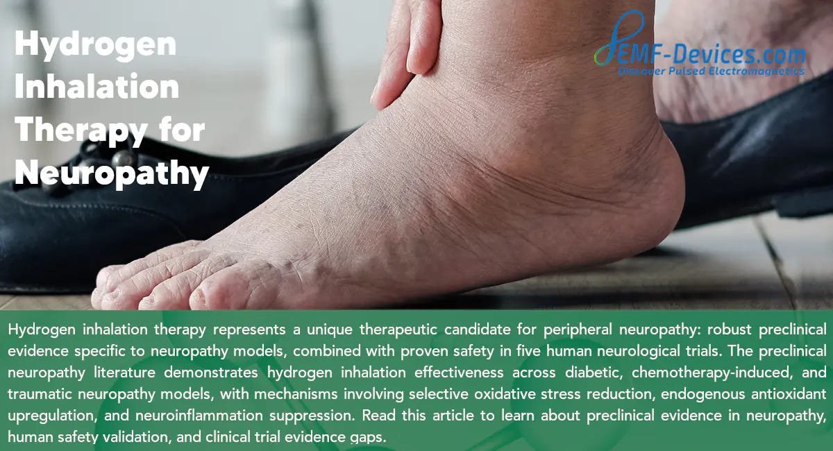 Hydrogen inhalation therapy represents a unique therapeutic candidate for peripheral neuropathy: robust preclinical evidence specific to neuropathy models, combined with proven safety in five human neurological trials. The preclinical neuropathy literature demonstrates hydrogen inhalation effectiveness across diabetic, chemotherapy-induced, and traumatic neuropathy models, with mechanisms involving selective oxidative stress reduction, endogenous antioxidant upregulation, and neuroinflammation suppression. 